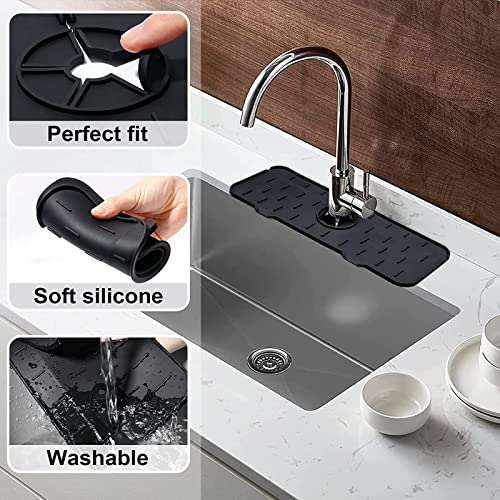 Kitchen Sink Splash Guard, Silicone Faucet Handle Drip Catcher Mat, Sink Splash Drain Drying Pad Behind Faucet, for Kitchen & Bathroom Countertop Protector (Black)