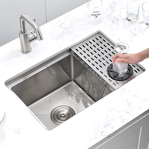 Undermount Bar Sink With Glass Rinser, Stainless Steel 23 Inches Small Pre Kitchen Bar Sink With Bottom Grid SM015S