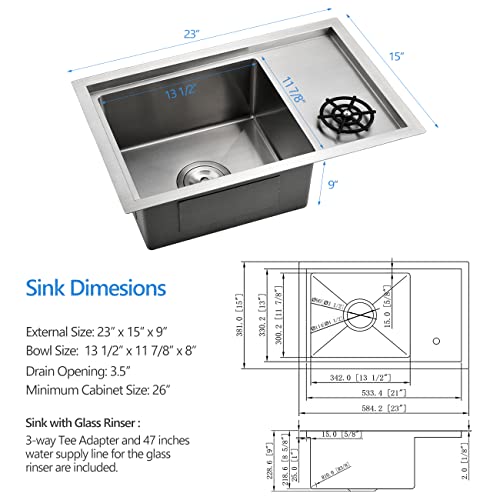 Undermount Bar Sink With Glass Rinser, Stainless Steel 23 Inches Small Pre Kitchen Bar Sink With Bottom Grid SM015S