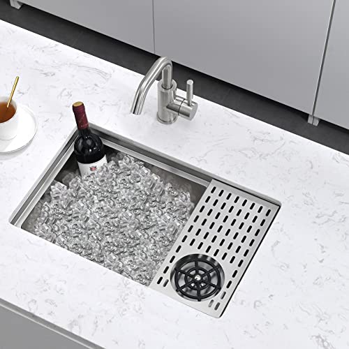 Undermount Bar Sink With Glass Rinser, Stainless Steel 23 Inches Small Pre Kitchen Bar Sink With Bottom Grid SM015S