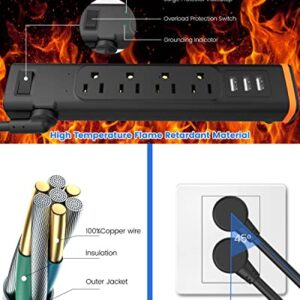 Power Strips Surge Protectors 【2 Pack】 6-Foot Long Black Outlets Surge Protector Outlet Flat Plug with 3 USB Ports 4 Outlet Extender 900J Overload Protection 1875W/15A Total 5V/3A Black