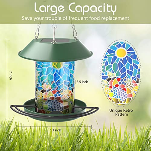 Solar Bird Feeder for Outside Hanging or Wall Mount, Waterproof Squirrel Proof Wild Birdfeeder Solar Powered Led Garden Backyard Lantern Decoration Light, Gifts for Bird Lovers