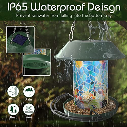 Solar Bird Feeder for Outside Hanging or Wall Mount, Waterproof Squirrel Proof Wild Birdfeeder Solar Powered Led Garden Backyard Lantern Decoration Light, Gifts for Bird Lovers