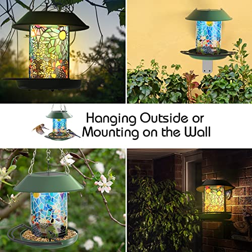 Solar Bird Feeder for Outside Hanging or Wall Mount, Waterproof Squirrel Proof Wild Birdfeeder Solar Powered Led Garden Backyard Lantern Decoration Light, Gifts for Bird Lovers