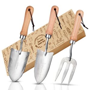 garden tools, 3 pieces heavy duty gardening tools set, 20cr13 stainless steel hand tools with wooden handle, including trowel, transplanter, hand fork with gift box