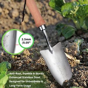 Garden Tools, 3 Pieces Heavy Duty Gardening Tools Set, 20Cr13 Stainless Steel Hand Tools with Wooden Handle, Including Trowel, Transplanter, Hand Fork with Gift Box