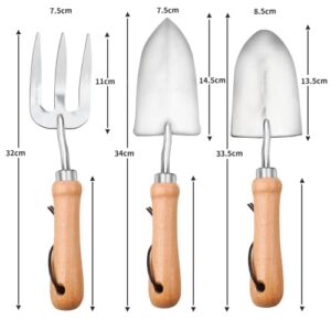 Garden Tools, 3 Pieces Heavy Duty Gardening Tools Set, 20Cr13 Stainless Steel Hand Tools with Wooden Handle, Including Trowel, Transplanter, Hand Fork with Gift Box