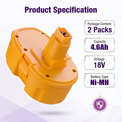 UTRBATT 2 Pack 4.6Ah DC9096 Replace for 18V Battery Compatible with Dewalt 18 Volt Battery XRP DC9096 DC9099 DC9098 DW9099 DW9098 Cordless Power Tools