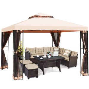 tangkula 10x10 feet patio gazebo, outdoor steel gazebo with netting, double vented roof, outdoor patio pavilion shelter w/ 100 square feet of shade, ideal for garden, backyard, deck