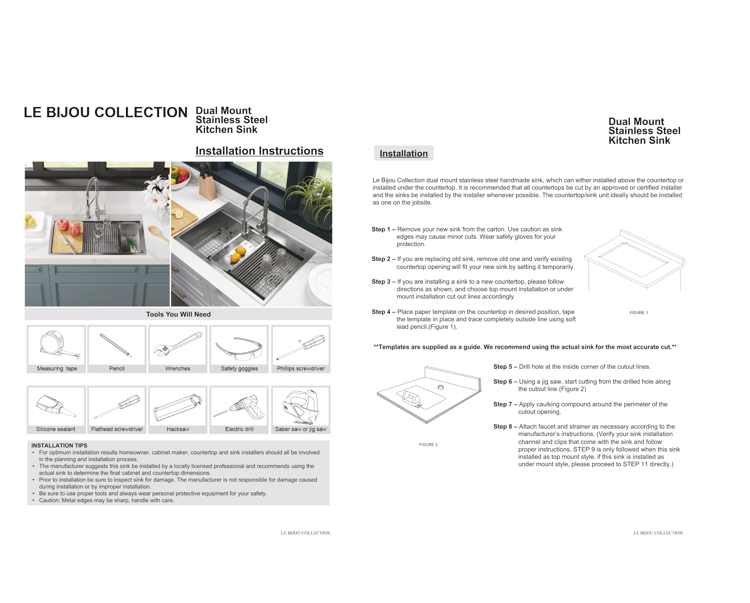 Le Bijou Collection 15 Inch Workstation Drop-in or Undermount 15 x15 Inch Single Bowl 18 Gauge Stainless Steel Handmade Kitchen & Bar Sink with Integrated Ledge and Accessories