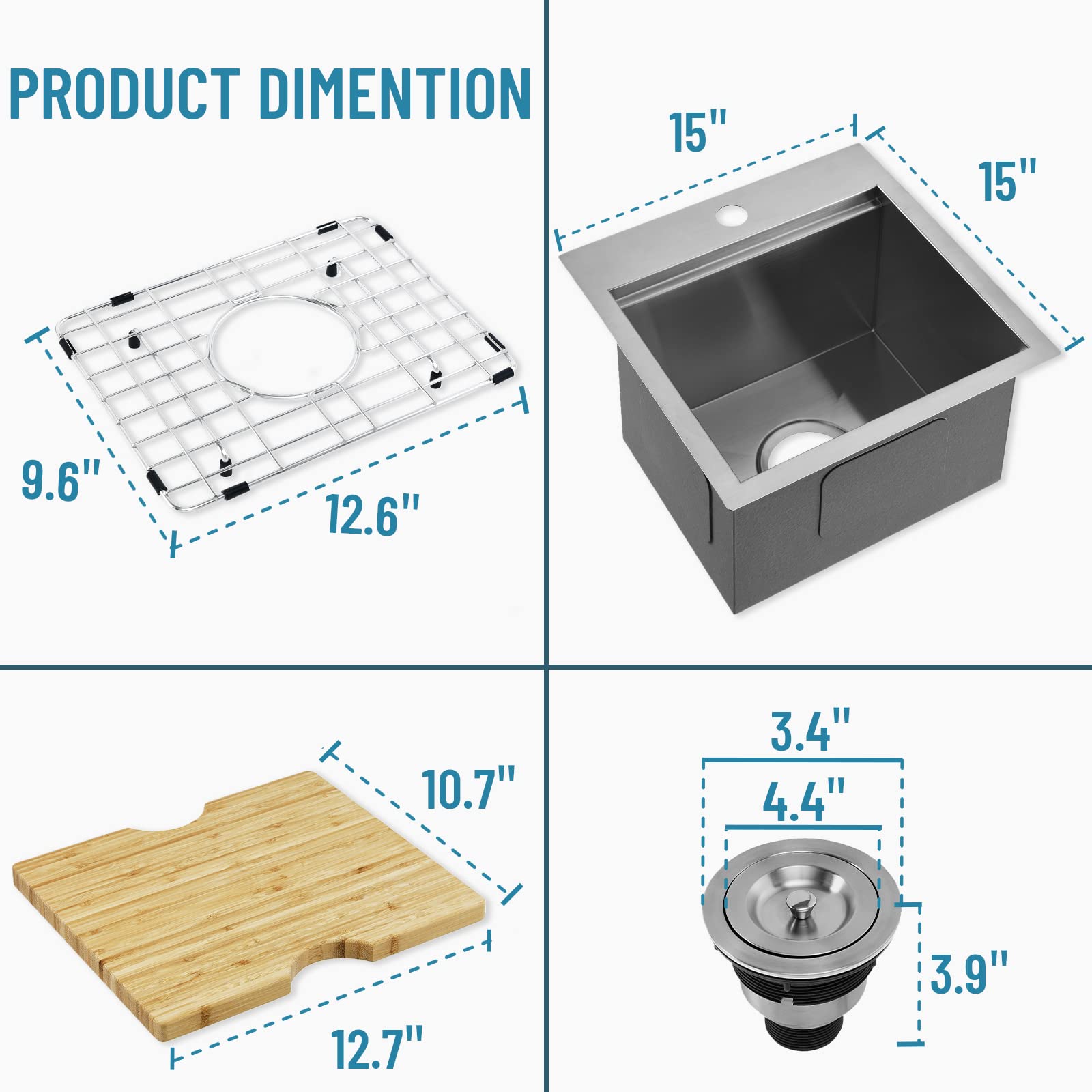 Le Bijou Collection 15 Inch Workstation Drop-in or Undermount 15 x15 Inch Single Bowl 18 Gauge Stainless Steel Handmade Kitchen & Bar Sink with Integrated Ledge and Accessories