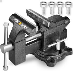 bench vise 4-1/2", vice for workbench with heavy duty forged steel construction, built-in pipe jaw, swivel base table vise for woodworking, home workshop use and diy jobs