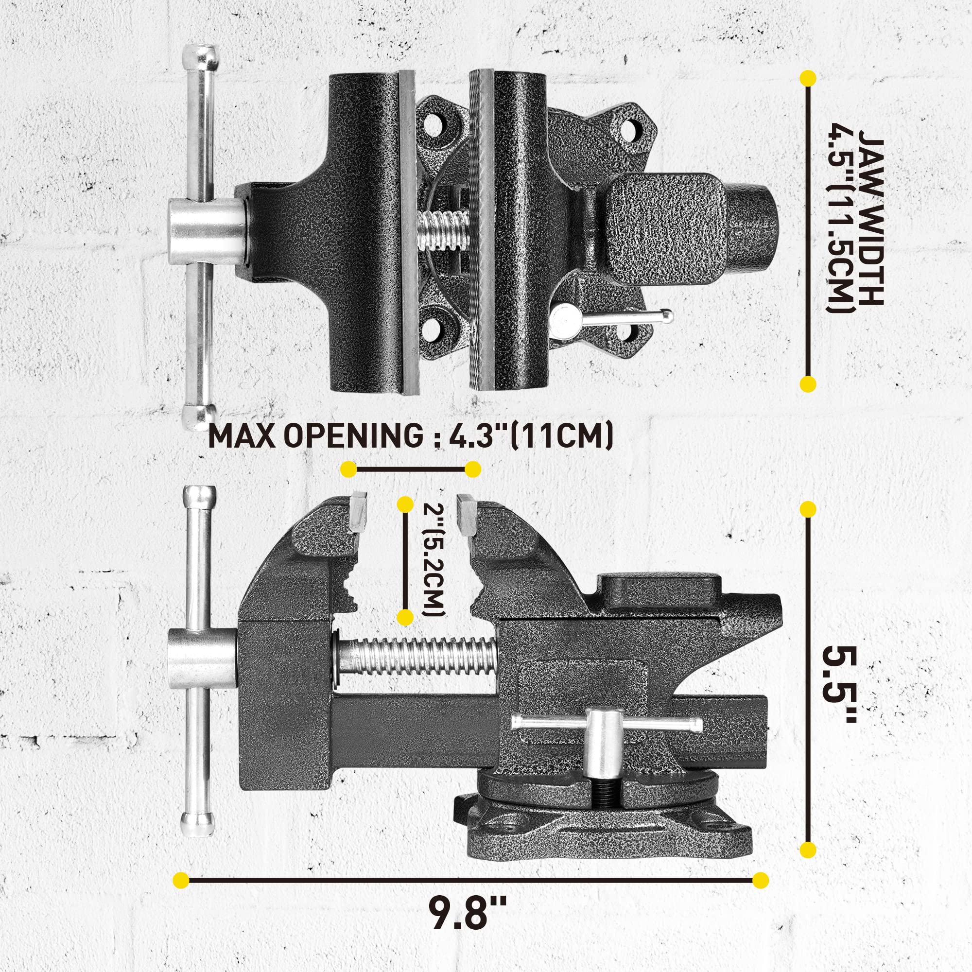 Bench Vise 4-1/2", Vice for Workbench with Heavy Duty Forged Steel Construction, Built-in Pipe Jaw, Swivel Base Table Vise for Woodworking, Home Workshop Use and DIY Jobs