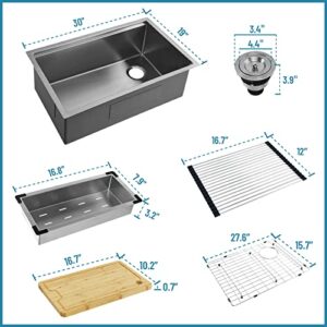 Le Bijou Collection 30 Inch Workstation Undermount 30 x19 Inch Single Bowl 16 Gauge Stainless Steel Handmade Kitchen Sink with Integrated Ledge and Accessories