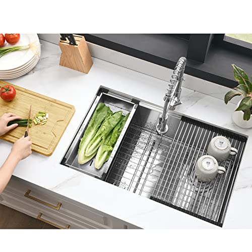 Le Bijou Collection 30 Inch Workstation Undermount 30 x19 Inch Single Bowl 16 Gauge Stainless Steel Handmade Kitchen Sink with Integrated Ledge and Accessories