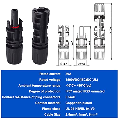 Leehitech PV Connector, Male/Female Multi-Contact Solar Panel Cable Connectors with 2 Pack Wrench, 1500V 30A IP67 Waterproof 6 Pairs (14~10 AWG)