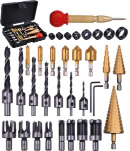 shitime 34 pack wood working chamfer drilling tools, 6 countersink drill bit set, 7 counter sinker drill bit set, 8 plug cutters for wood, 8 drill stop bit collar set and 3 step drill bits.