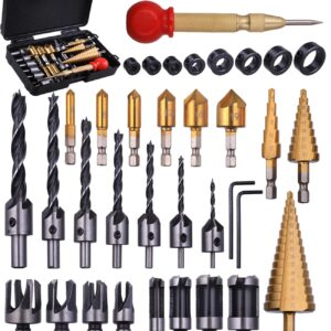 SHITIME 34 Pack Wood Working Chamfer Drilling Tools, 6 Countersink Drill Bit Set, 7 Counter Sinker Drill Bit Set, 8 Plug Cutters for Wood, 8 Drill Stop Bit Collar Set and 3 Step Drill Bits.