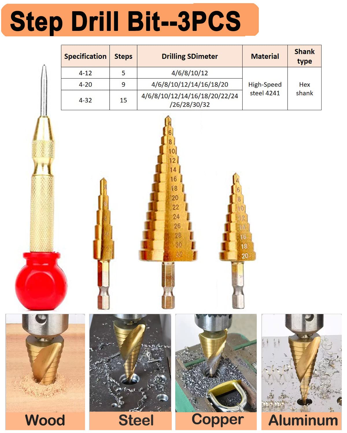 SHITIME 34 Pack Wood Working Chamfer Drilling Tools, 6 Countersink Drill Bit Set, 7 Counter Sinker Drill Bit Set, 8 Plug Cutters for Wood, 8 Drill Stop Bit Collar Set and 3 Step Drill Bits.