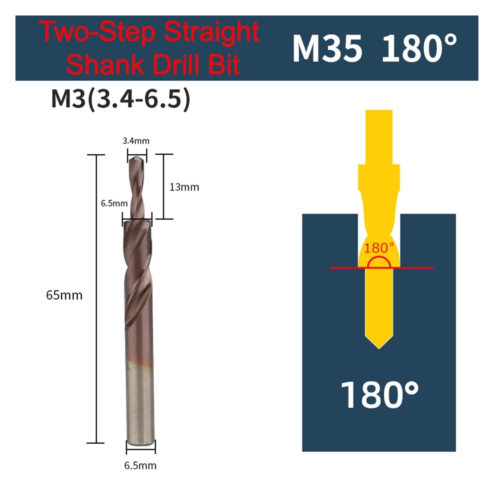 M35 HSS-CO Cobalt Two Stage Step Drill Bit Screw Counterbore Twist Countersink Drill for Stainless Drilling and Chamfering (M3 180)