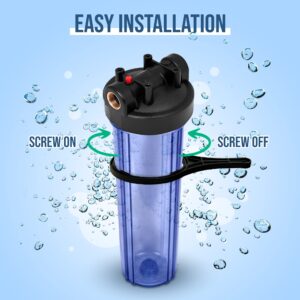 High Capacity 20 x 4.5-Inches Transparent Whole House Water Filter Purifier System with Presser Relief Button, 1” Inlet/Outlet Brass Port & Yearly Supply (4) Polypropylene Sediment Cartridges 5 Micron