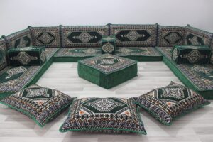 u shaped arabic sofa set, arabic majlis, u shaped living room sofas, floor couch, indoor floor sofas, floor cushions, floor pillow, cozy sofa (u sofa + ottoman + pillows)