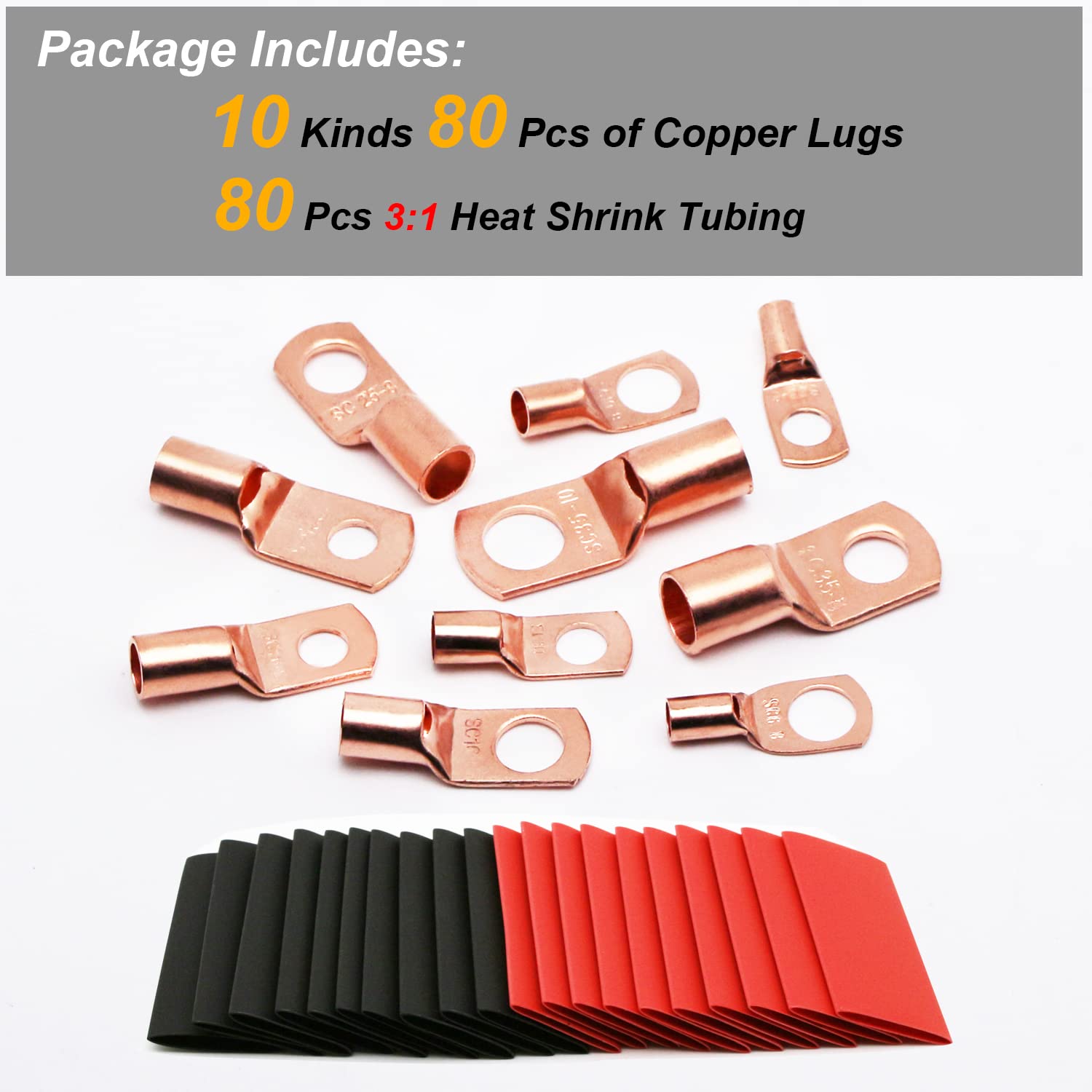 TKDMR 160Pcs Copper Wire Lugs AWG2 4 6 8 10 12 with Heat Shrink Set, 80Pcs Battery Cable Ends Ring Terminals Connectors Tubing Assortment Kit
