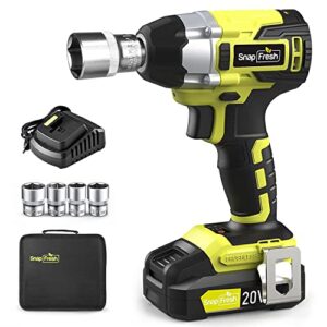 snapfresh 20v 1/2" brushless impact wrench kit with 335ft-lbs torque max, 2300 rpm variable speed, 2.0ah li-ion battery&1h fast charger, 4 pcs sockets