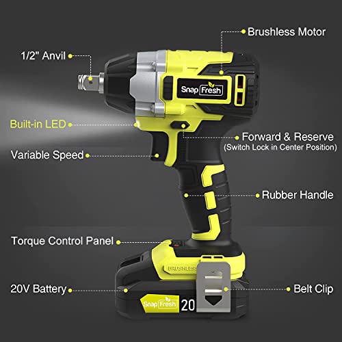 SnapFresh 20V 1/2" Brushless Impact Wrench Kit with 335ft-lbs Torque Max, 2300 RPM Variable Speed, 2.0Ah Li-ion Battery&1h Fast Charger, 4 Pcs Sockets