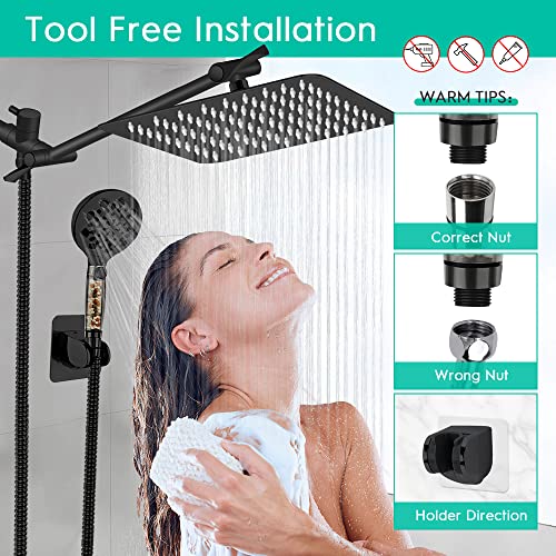 Filtered Shower Head, 10 Inch High Pressure Rainfall Shower Head /Handheld Showerhead Combo with 11 Inch Extension Arm, Anti-leak Shower Head with Hose, Height/Angle Adjustable, Matte Black