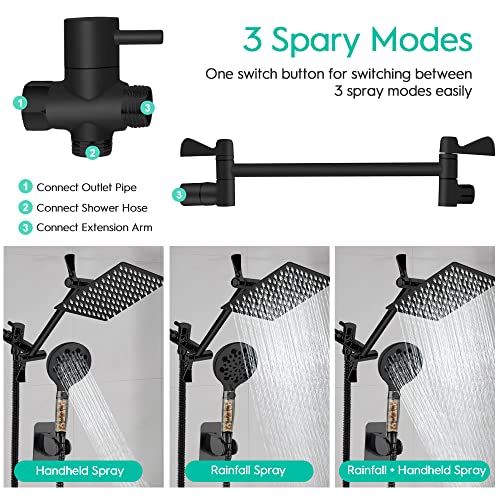 Filtered Shower Head, 10 Inch High Pressure Rainfall Shower Head /Handheld Showerhead Combo with 11 Inch Extension Arm, Anti-leak Shower Head with Hose, Height/Angle Adjustable, Matte Black