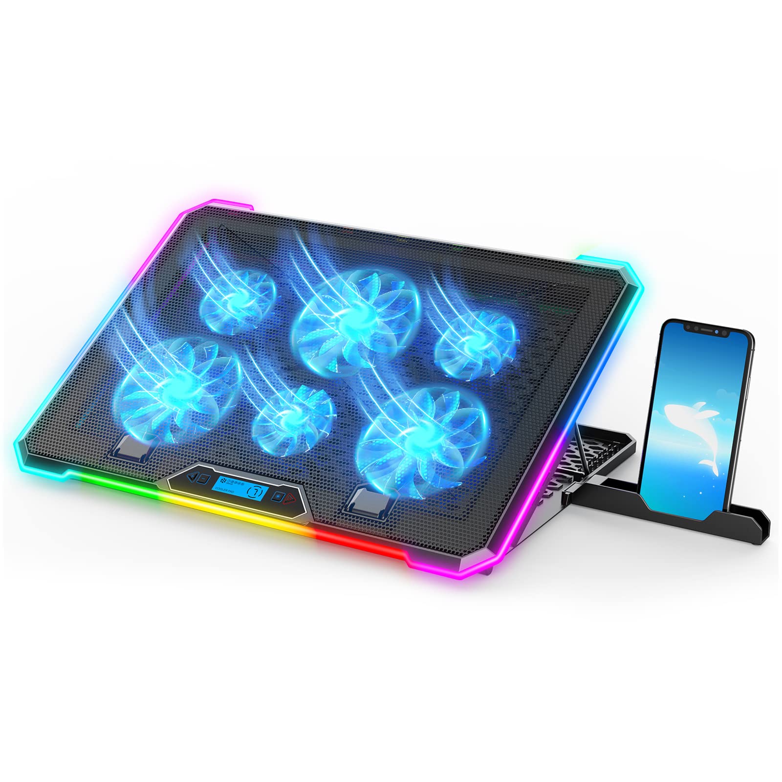 KYOLLY RGB Cooling Pad Gaming Laptop Cooler, Laptop Fan Cooling Stand with 6 Quiet for 15.6-17.3 inch laptops, 9 Height Stand, LED Lights & LCD Screen, 2 USB Ports, Lap Desk Use