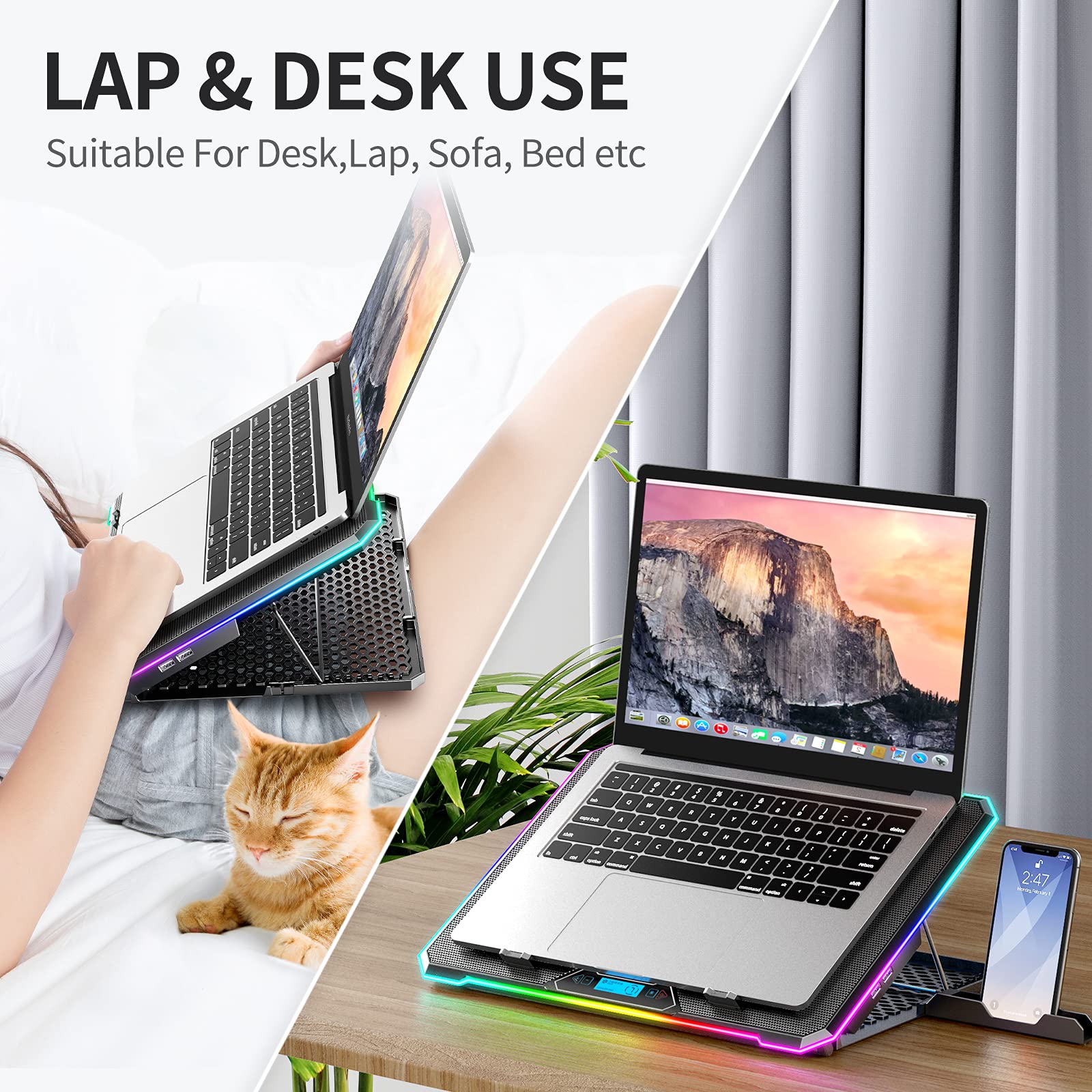 KYOLLY RGB Cooling Pad Gaming Laptop Cooler, Laptop Fan Cooling Stand with 6 Quiet for 15.6-17.3 inch laptops, 9 Height Stand, LED Lights & LCD Screen, 2 USB Ports, Lap Desk Use