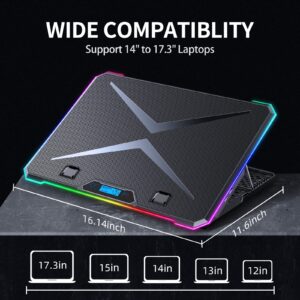 KYOLLY RGB Cooling Pad Gaming Laptop Cooler, Laptop Fan Cooling Stand with 6 Quiet for 15.6-17.3 inch laptops, 9 Height Stand, LED Lights & LCD Screen, 2 USB Ports, Lap Desk Use