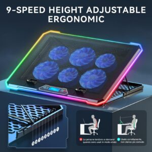 KYOLLY RGB Cooling Pad Gaming Laptop Cooler, Laptop Fan Cooling Stand with 6 Quiet for 15.6-17.3 inch laptops, 9 Height Stand, LED Lights & LCD Screen, 2 USB Ports, Lap Desk Use