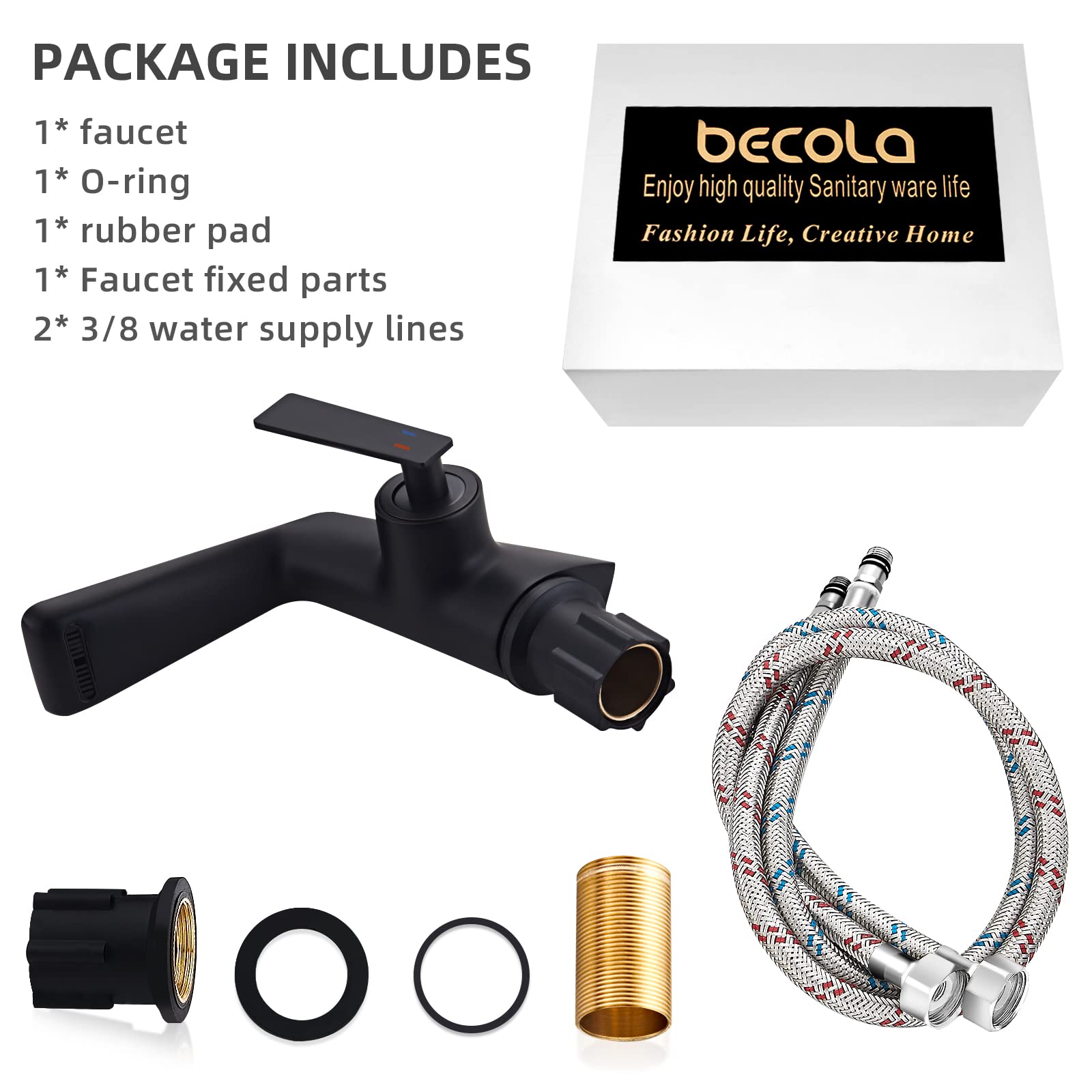 becola Black Bathroom Sink Faucets, Single Hole Faucets for Bathroom Sink, Modern Single Handle Bathroom Sink Faucet, Black Waterfall Brass Basin Faucet with 3/8” Supply Hoses-Black…