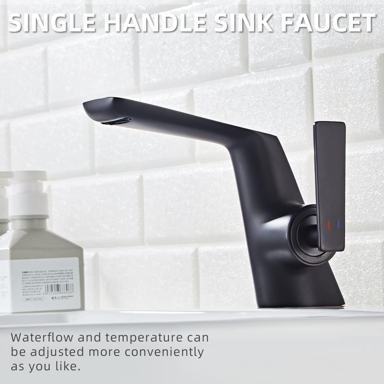 becola Black Bathroom Sink Faucets, Single Hole Faucets for Bathroom Sink, Modern Single Handle Bathroom Sink Faucet, Black Waterfall Brass Basin Faucet with 3/8” Supply Hoses-Black…