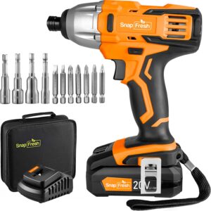 snapfresh cordless impact driver, 20v 1/4” impact drill w/ 1350in-lbs torque, variable speed 2200 rpm, built-in led, 2.0ah li-ion battery, 1h rapid charger, driver bits & sockets, tool bag