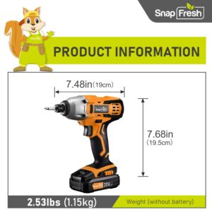 SnapFresh Cordless Impact Driver, 20V 1/4” Impact Drill w/ 1350in-Lbs Torque, Variable Speed 2200 RPM, Built-in LED, 2.0Ah Li-ion Battery, 1h Rapid Charger, Driver Bits & Sockets, Tool Bag