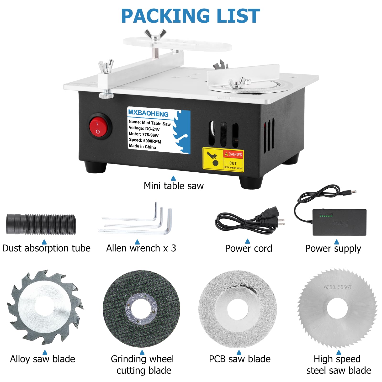 MXBAOHENG Mini Table Saw S2 Portable Precision Table Saws for Crafts, 1/2" Cut Depth, w/ 4 Blades, 96W Adjustable Speed Power Supply, for Wood Metal Plastic Cutting