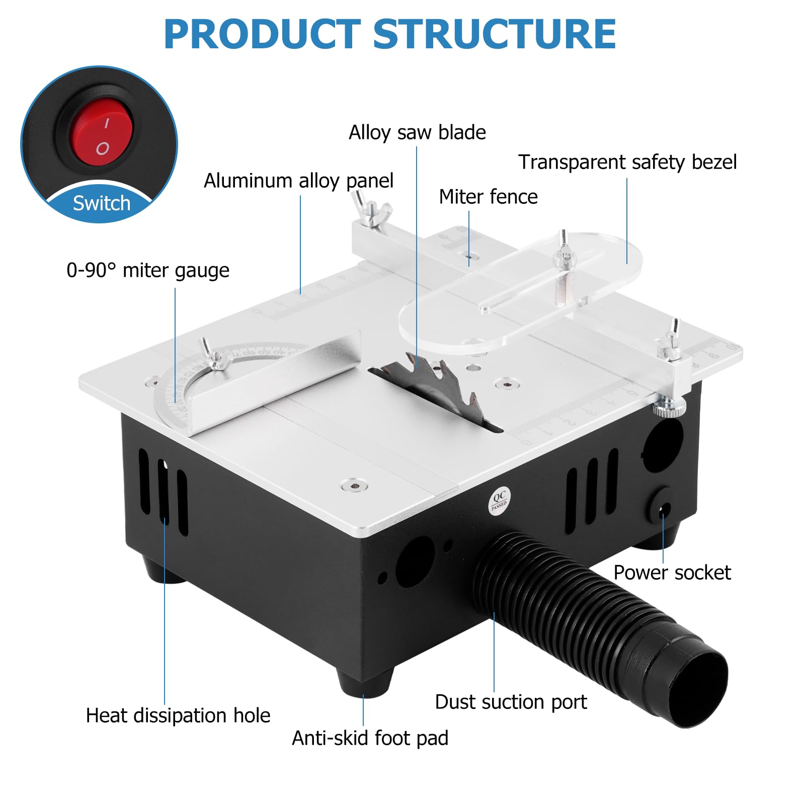 MXBAOHENG Mini Table Saw S2 Portable Precision Table Saws for Crafts, 1/2" Cut Depth, w/ 4 Blades, 96W Adjustable Speed Power Supply, for Wood Metal Plastic Cutting