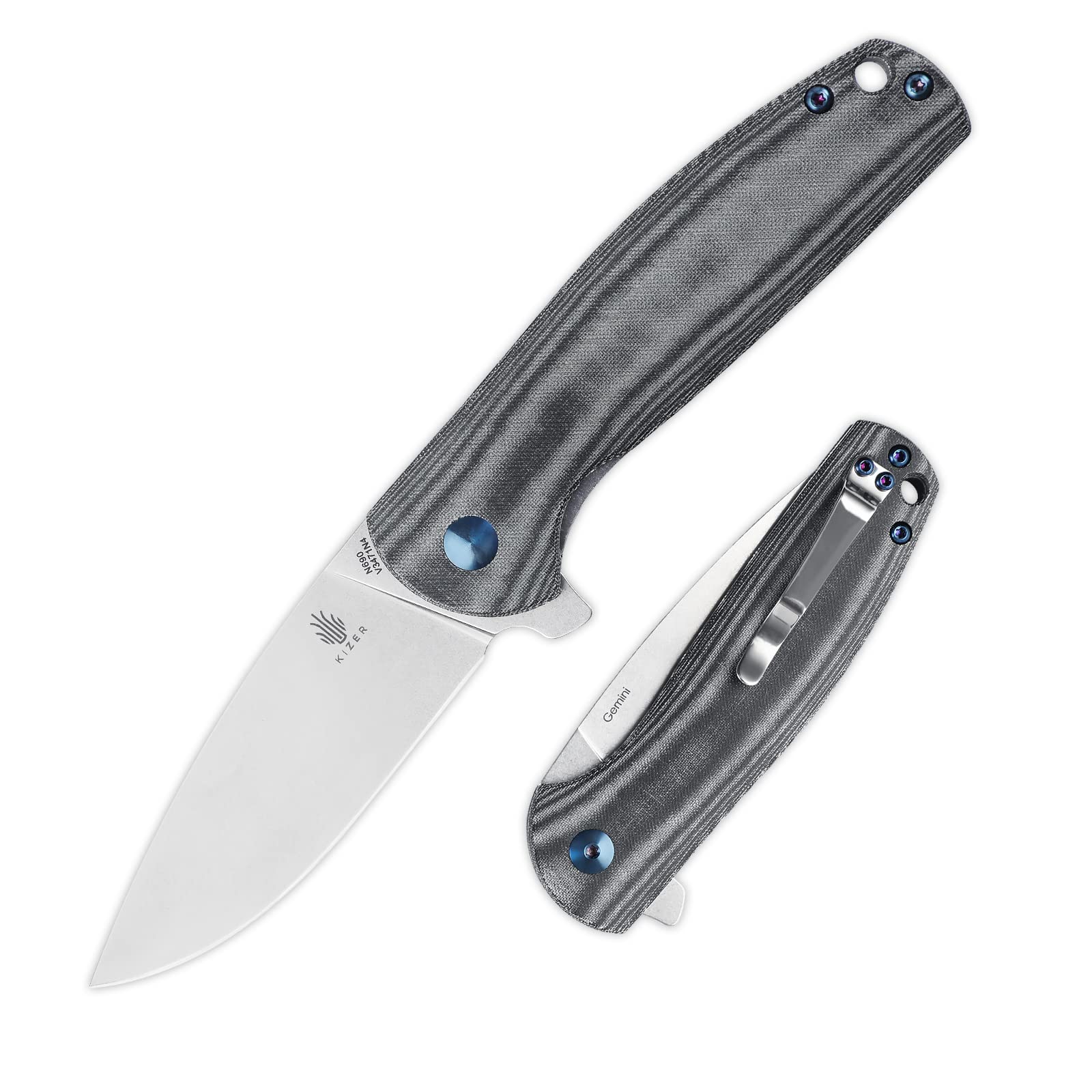 Kizer Gemini EDC Knife N690 Blade Black Micarta Handle, Pocket Knife Deep Carrp Clip V3471N4