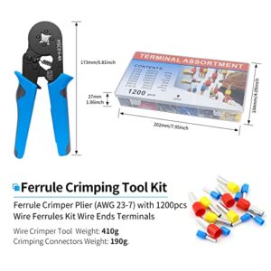 DIVANC Ferrule Crimping Tool Kit, Ferrule Crimper Plier with 1200pcs Wire Ferrules Kit Wire Ends Terminals, Self-adjustable Ratchet Wire Crimper for AWG 23–7 Electrical Wire Connectors（Blue）