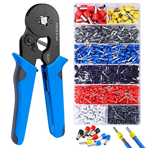 DIVANC Ferrule Crimping Tool Kit, Ferrule Crimper Plier with 1200pcs Wire Ferrules Kit Wire Ends Terminals, Self-adjustable Ratchet Wire Crimper for AWG 23–7 Electrical Wire Connectors（Blue）