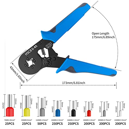 DIVANC Ferrule Crimping Tool Kit, Ferrule Crimper Plier with 1200pcs Wire Ferrules Kit Wire Ends Terminals, Self-adjustable Ratchet Wire Crimper for AWG 23–7 Electrical Wire Connectors（Blue）