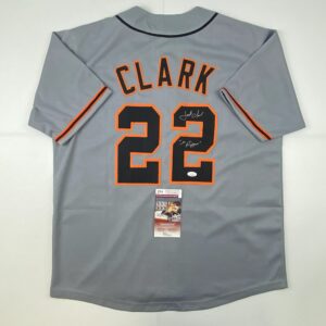 autographed/signed jack clark the ripper san francisco grey baseball jersey jsa coa