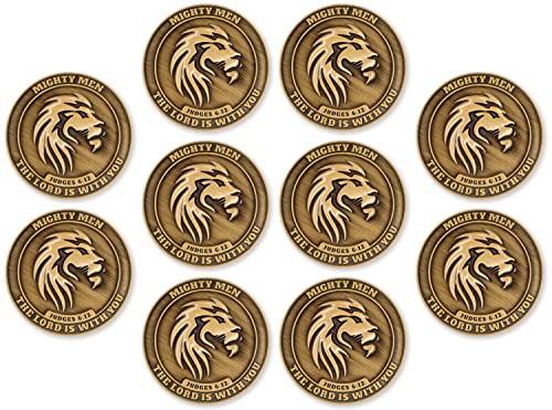 Be Strong & Courageous Lion Challenge Coin, Bulk Pack of 10 Mighty Men of God Pocket Discipleship Tokens for Bible Study, Bible Verse Worry Coin for Prayer, Christian EDC Coins for Military Veterans