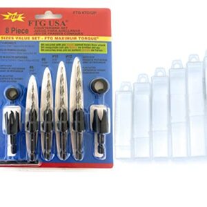 FTG USA Wood Countersink Drill Bit Set Sizes 6 8 10 12 Countersink Tapered Drill Bits, 2 Wood Plug Cutter for Sizes 3/8" and 1/2", 2 Stop Collars, 1 Allen Wrench, and 6 Storarage Containers