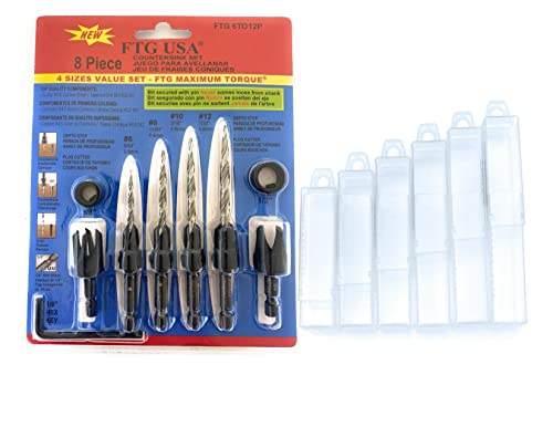 FTG USA Wood Countersink Drill Bit Set Sizes 6 8 10 12 Countersink Tapered Drill Bits, 2 Wood Plug Cutter for Sizes 3/8" and 1/2", 2 Stop Collars, 1 Allen Wrench, and 6 Storarage Containers