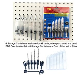 FTG USA Wood Countersink Drill Bit Set Sizes 6 8 10 12 Countersink Tapered Drill Bits, 2 Wood Plug Cutter for Sizes 3/8" and 1/2", 2 Stop Collars, 1 Allen Wrench, and 6 Storarage Containers